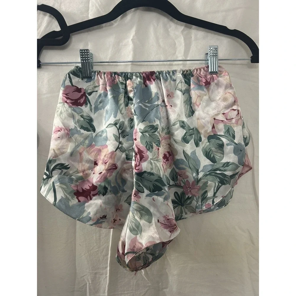 Mystique Intimates Pink Floral Satin Pajama Set Camisole Tap Shorts‎ Small